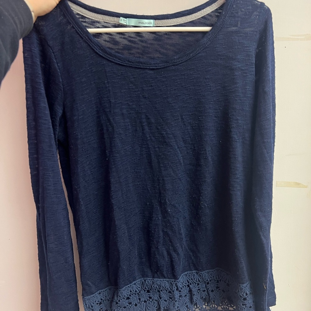 Maurices Dark Blue Long Sleeve Top with Lace Hem